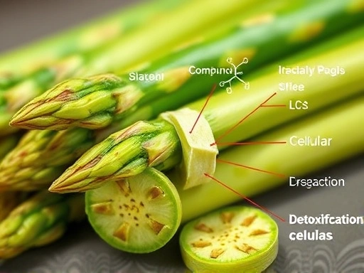 Detailed shot of sliced asparagus showing its internal structure, with scientific compounds depicted metaphorically, emphasizing cellular benefits and detoxification.