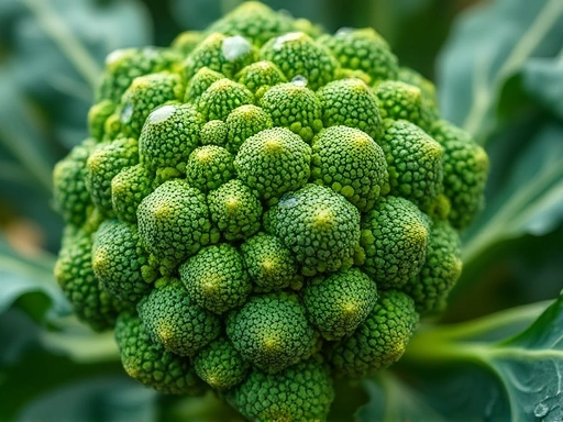 A vibrant, fresh broccoli head with water droplets, illustrating its detoxifying and health-promoting properties, in a natural setting.