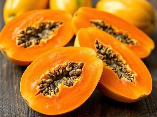 A vibrant still life with ripe, sliced papayas on a rustic wooden table, emphasizing their freshness and natural beauty.