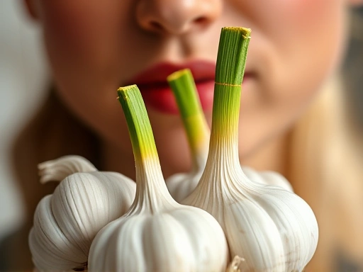 A close-up shot of several fresh garlic bulbs with vibrant green shoots, set against a blurred background of healthy, glowing skin, representing youth and vitality, realistic, high-resolution. 