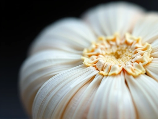 Macro view of a single garlic clove, showing its intricate layers and textures, with a subtle glow, symbolizing its hidden power and active compounds, detailed, sharp focus.
