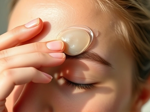 Close-up shot of a person's hand gently applying a translucent peeling gel onto the forehead, showing the texture of the product and the light movement, with blurred background and soft, natural light, focusing on the careful application.
