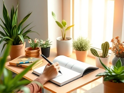 A serene scene of a person writing in a gratitude journal on a sunlit desk, surrounded by plants, emphasizing peace and mental well-being benefits.