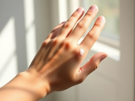 A person's hand applying a rich, creamy hand lotion, sunlight gently falling on the youthful-looking skin, natural light, soft focus, detailed.