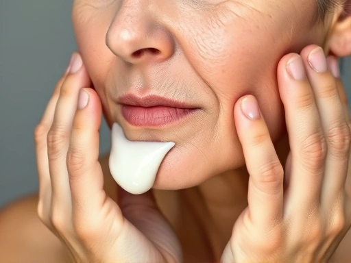 Close-up of hands gently applying a rich moisturizer to a mature, healthy-looking face, emphasizing hydration and smooth texture, with a soft focus and studio lighting.