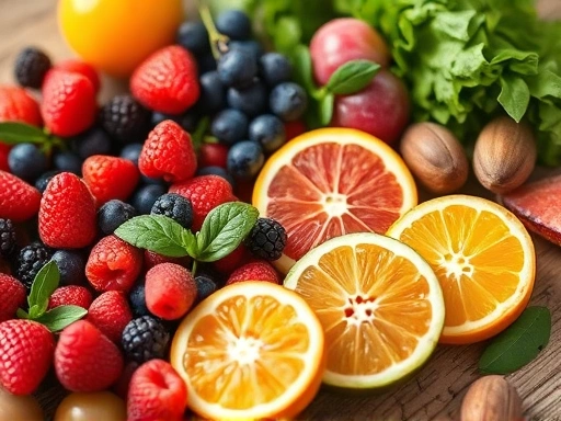 Close-up of fresh, colorful fruits and vegetables (berries, citrus, leafy greens) on a wooden table, symbolizing nutritious foods that boost collagen production. Bright and inviting, focus on texture and color.