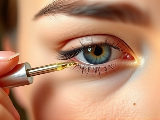 Detailed shot of a hand gently applying an eyelash serum with a small brush, focusing on the eyelashes and the applicator, emphasizing precise and delicate care.