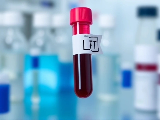 Close-up on a blood sample tube labeled 'LFT', with a blurred medical laboratory setting in the background, focusing on the scientific process.