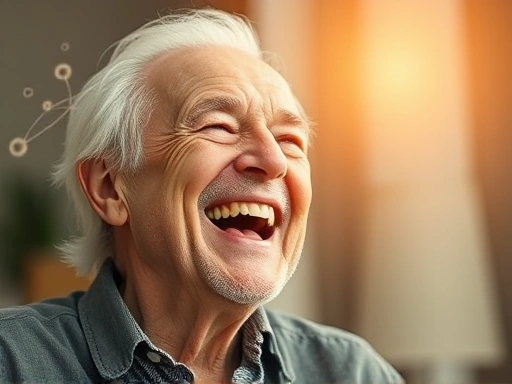 A joyful elderly person laughing heartily, with subtle scientific diagrams or cells overlaid, symbolizing health and longevity. Bright, warm lighting.