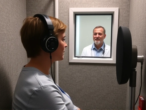A person sitting in a soundproof booth, wearing headphones, undergoing a hearing test, with an audiologist observing through a window. The scene is calm and professional, focusing on the diagnostic process for hearing health.