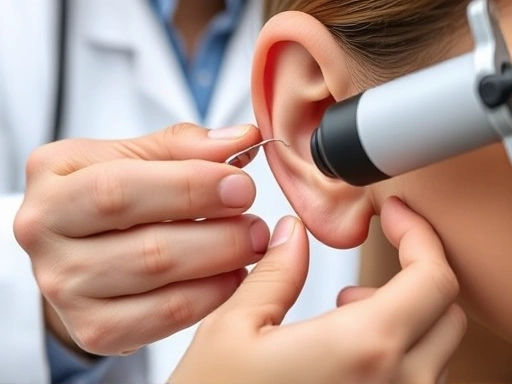 Close-up of an audiologist's hands adjusting a hearing aid or examining an ear with an otoscope, highlighting the intricate details of hearing care and professional medical attention.