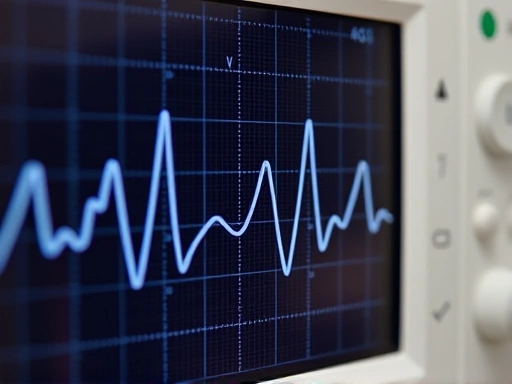 Close-up on an ECG monitor displaying a normal heart rhythm waveform, with clear, distinct P, QRS, and T waves.
