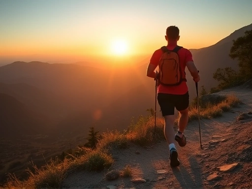 A person hiking on a mountain trail at sunrise, showing good posture, with scenic views and healthy energy. Focus on fitness.
