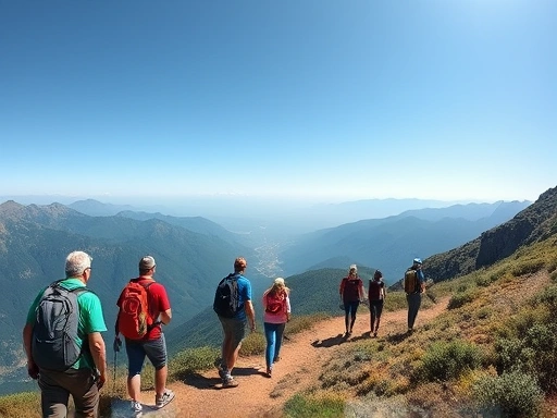 An inspiring panoramic view of people hiking on a scenic mountain trail under a clear sky, showing various age groups, emphasizing health and outdoor activity.