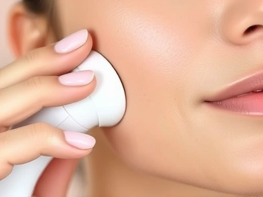 Close-up of a home care device head gently touching skin, showing proper usage technique and a glowing, healthy complexion.