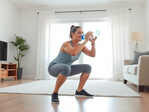 A person performing water bottle squats in a brightly lit living room, focusing on good form. The scene is clean and minimalist, showing a sense of accomplishment.