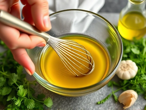 Close-up shot of a chef's hands whisking olive oil and apple cider vinegar in a bowl, with fresh herbs and garlic cloves nearby, emphasizing the texture and preparation of a healthy vinaigrette.