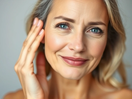 A serene woman in her 50s gracefully touching her smooth face, illustrating the positive effects of hormonal balance on skin, with soft light and a natural, healthy glow, focused on a youthful, radiant complexion.