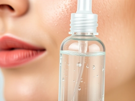 A close-up shot of a clear hyaluronic acid serum bottle with water droplets on a dewy, glowing skin background, emphasizing hydration and skincare. Focus on the bottle and the radiant skin. 
