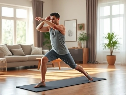 A person doing dynamic stretching indoors in a bright, modern living room, preparing for a cardio workout without a treadmill, focusing on energy and movement.