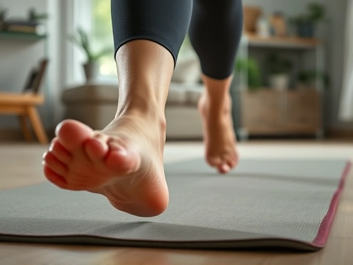 Close-up of a person's feet performing high knees on a soft mat, illustrating efficient indoor cardio, with blurred home interior in the background.