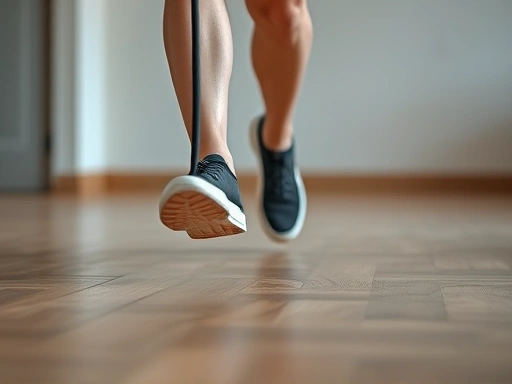 Close-up of a person's feet and a jump rope hitting the floor, showing dynamic movement and good form, indoor setting with minimal background. 
