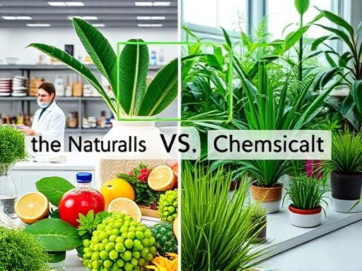 A detailed comparison of natural ingredients vs chemical ingredients, set in a modern laboratory and a lush botanical garden, highlighting both scientific and natural aspects.