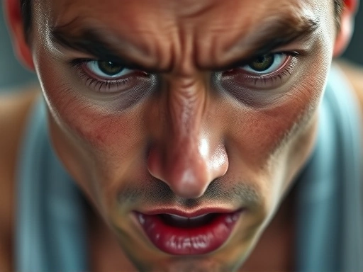 Close-up of a person's determined face during a short, intense burst of interval training, showing sweat and exertion, focus on facial expression and muscle tension.