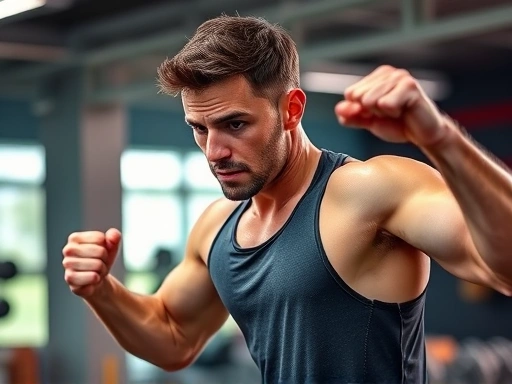A person performing high-intensity interval training, sweating, focused, in a modern gym setting, dynamic pose, vibrant colors.