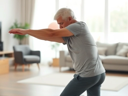 A person of middle age performing a gentle hamstring stretch in a bright, modern living room, focused on flexibility and joint health, natural light, soft blurred background.