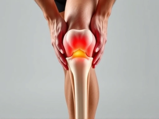 Close-up of a person's knee joint during a quadriceps stretch, showing clear muscle and bone structure, emphasizing flexibility and anti-aging benefits, on a neutral background.