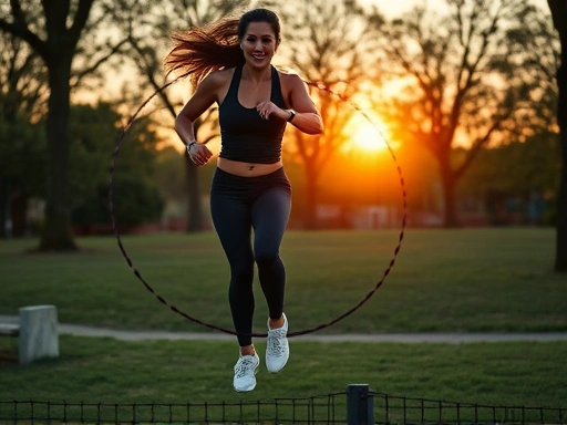 A fit person is energetically jumping rope in a park at sunset, showcasing good form and a sense of vitality. The scene should be dynamic and inspiring. Focus on the full body in motion with a natural background. 