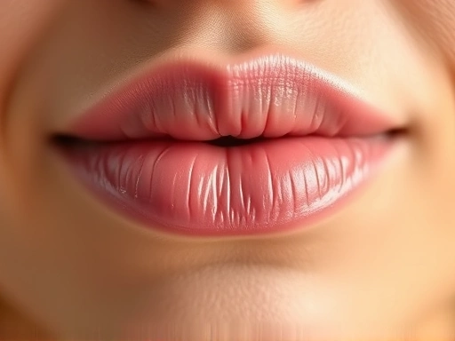 Close-up of healthy, moisturized lips, soft lighting, focus on smooth texture, natural pink tone, a subtle glow.