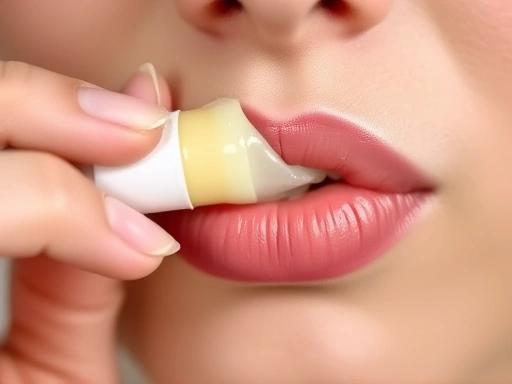 Detailed view of applying a nourishing lip balm, fingers gently spreading product, focus on the texture of the balm and lips, soft, hydrated look.
