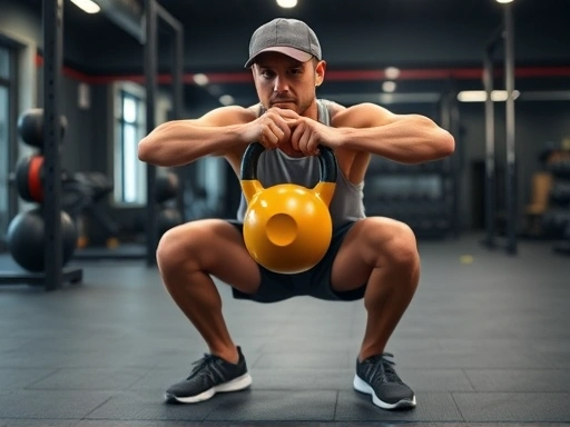 A person performing a perfect goblet squat with a kettlebell, in a modern gym setting, focused and determined. Emphasize strong legs and stable core. Close-up on form.