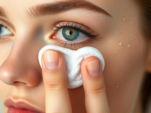 Close-up of a person gently using a cotton pad soaked in makeup remover to cleanse eye makeup, showing delicate touch and attention to detail, with water droplets on skin conveying freshness.