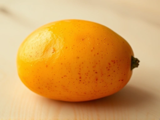 A vibrant, ripe mango with a golden hue, placed prominently on a clean, light wooden table, with soft natural light highlighting its texture. Focus on its freshness and health appeal.