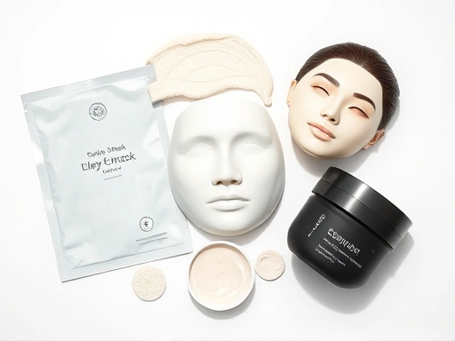 A diverse collection of various face mask types, including a sheet mask, a wash-off clay mask, and a sleeping mask, neatly arranged on a clean, minimalist white background with soft, natural lighting, emphasizing skincare and beauty.