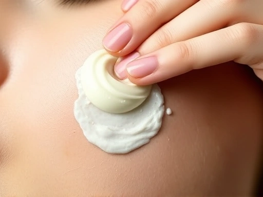 A close-up shot of a hand applying a creamy wash-off face mask to a smooth, clear skin patch, highlighting the texture of the mask and the gentle application process, with a focus on skincare routine and efficacy.