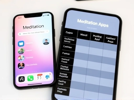 A close-up shot of a smartphone screen displaying a meditation app with various features and a comparison table of different meditation apps on a clean desk, highlighting the choices.
