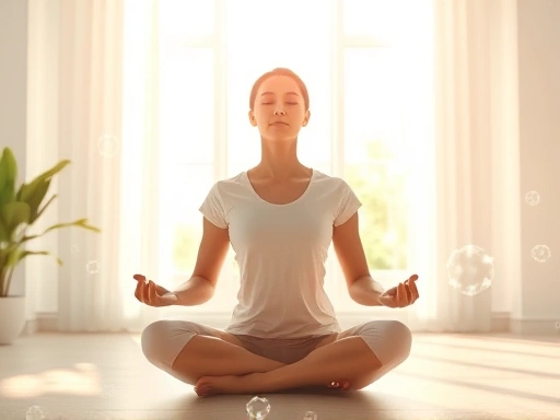 A serene person meditating in a peaceful, sunlit room, surrounded by subtle glowing cellular structures, symbolizing internal healing and anti-aging benefits. Soft, calming colors with a focus on harmony and well-being. High detail, vibrant, conceptual.