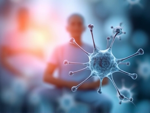 A close-up of abstract, interconnected cellular structures with a soft, protective glow, representing telomeres and healthy cell division. The background is a blurred, peaceful meditation scene, emphasizing the micro-level impact of mindfulness. Detailed, scientific, calm, anti-aging.