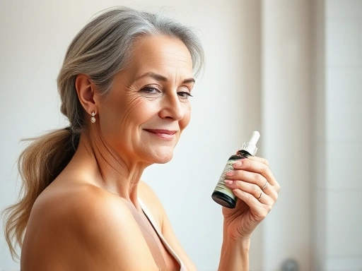 A serene, confident woman in her 50s, natural and glowing skin, gently applying a serum in a bright, modern bathroom, embodying gentle care and self-love, natural light.