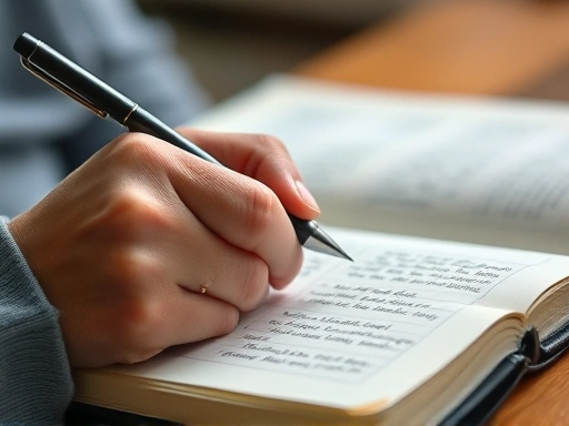 Close-up of a hand holding a pen, writing on a page in a journal, with blurred background, focusing on the act of writing and the texture of paper, conveying mindfulness and therapeutic journaling.