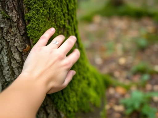 Close-up of a person's hand gently touching moss on a tree trunk during a mindful nature walk, showing connection.