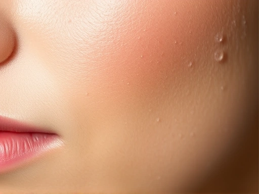 A close-up shot of small, delicate mist droplets clinging to supple, hydrated skin, showcasing fine texture and a radiant, youthful complexion, emphasizing skin health.