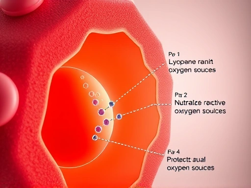 A scientific illustration of lycopene molecules neutralizing reactive oxygen species within skin cells, showing a protective, detailed cellular process.