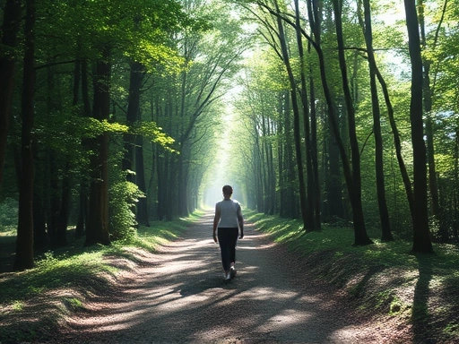 A peaceful forest path with dappled sunlight, a person walking slowly, embodying calm and nature's healing power.