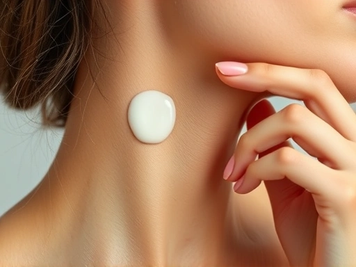 A close-up of a person gently applying a cream to their neck, emphasizing smooth, healthy skin, with a focus on anti-aging and care.
