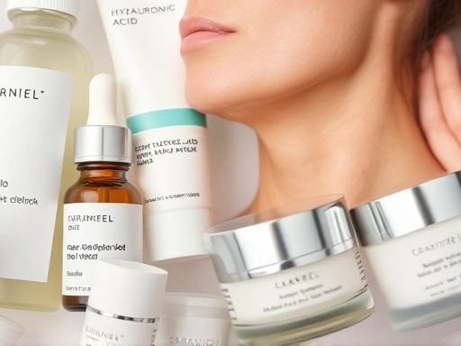 A detailed shot of various skincare products like serums and creams, specifically for neck care, with ingredients like retinol and hyaluronic acid visible.